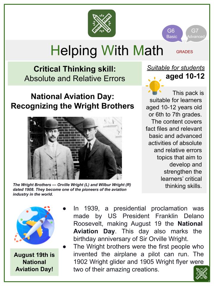 Absolute and Relative Error (Wright Brothers Themed) Math Worksheets