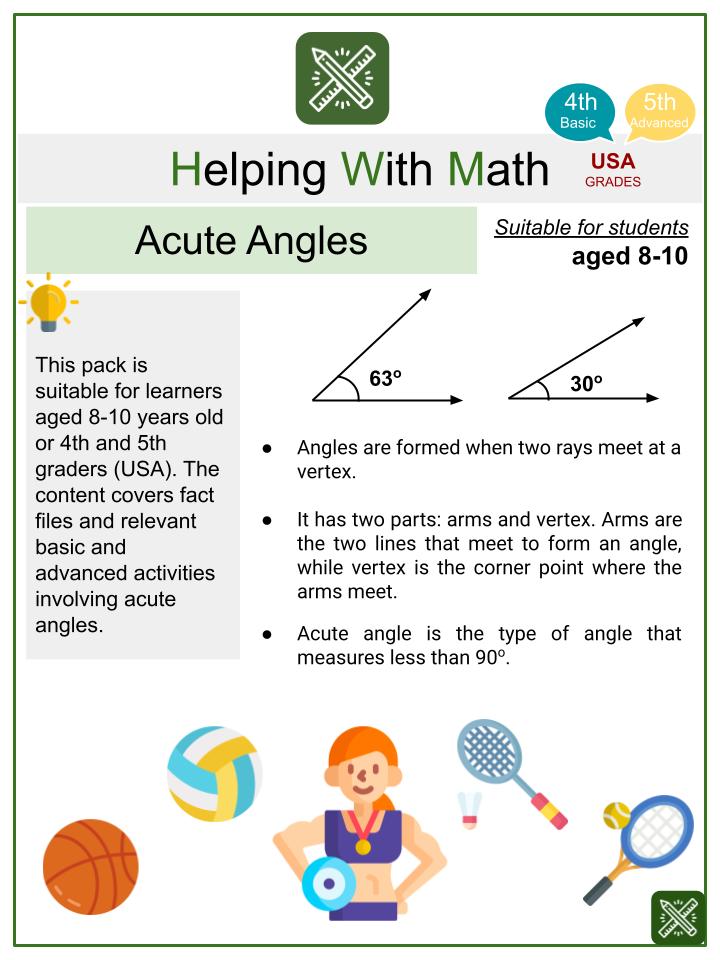 Acute Angles (Sports Themed) Math Worksheets