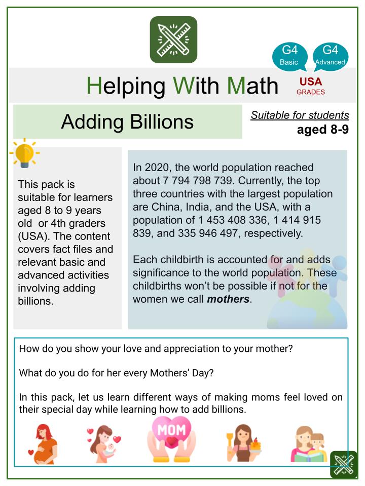 Adding Billions (Mother's Day Themed) Math Worksheets