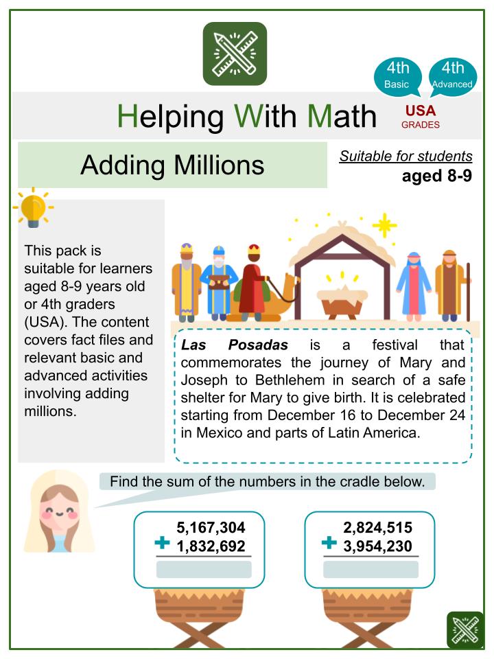 Adding Millions (Las Posadas Themed) Math Worksheets