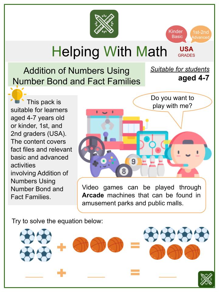 Addition of Numbers using Number Bond and Fact Families (Arcade Themed) Math Worksheets