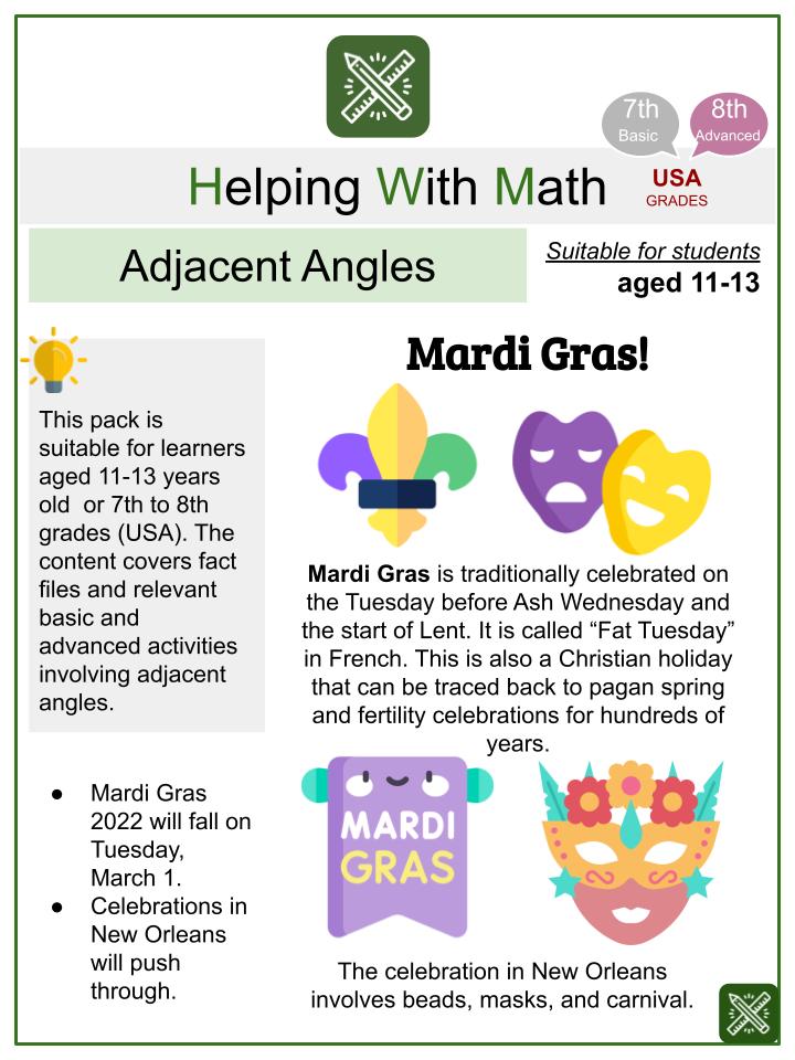 Adjacent Angles (Mardi Gras Themed) Math Worksheets