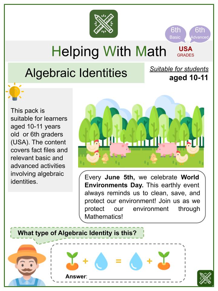 Algebraic Identities (World Environment Day Themed) Math Worksheets