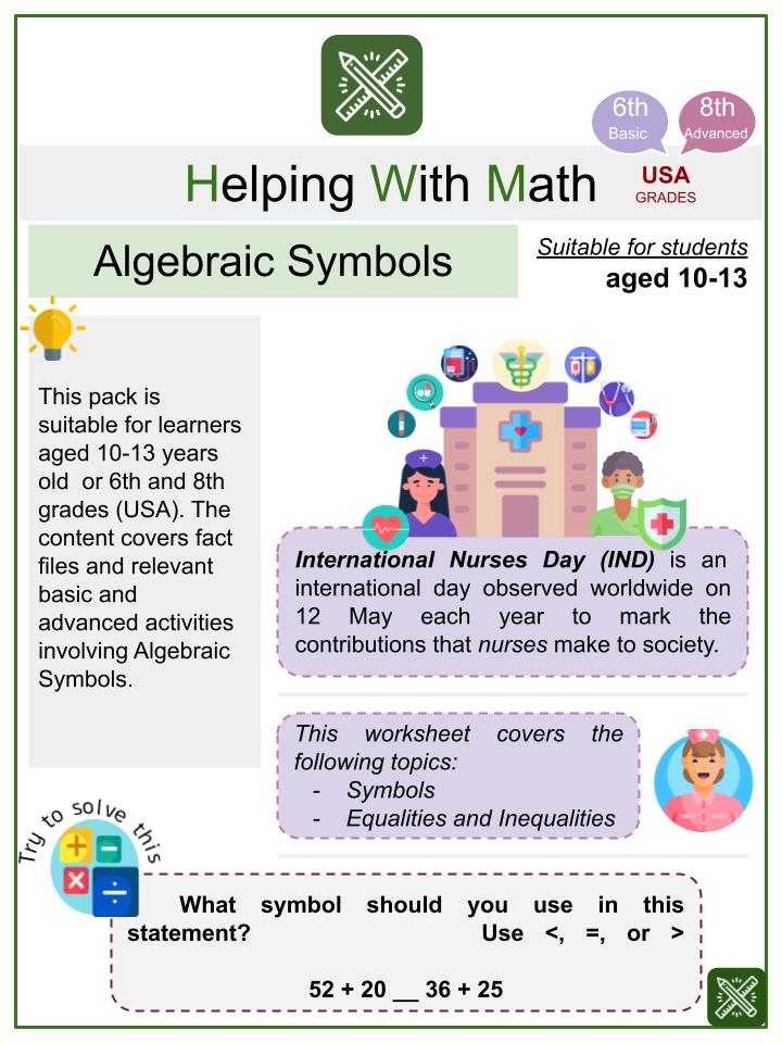 Algebraic Symbols (International Nurses Day Themed) Math Worksheets