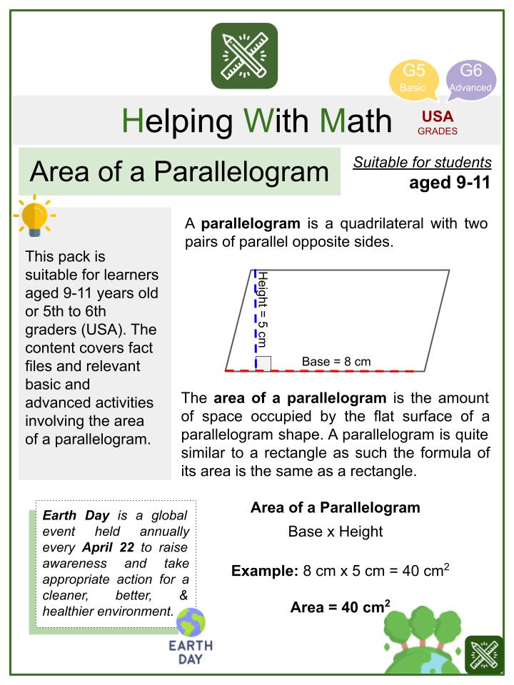 Area of a Parallelogram (Earth Day Themed) Math Worksheets