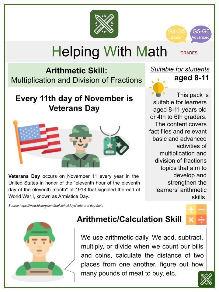 Multiplication and Division of Fractions (Veterans' Day Themed) Math Worksheets