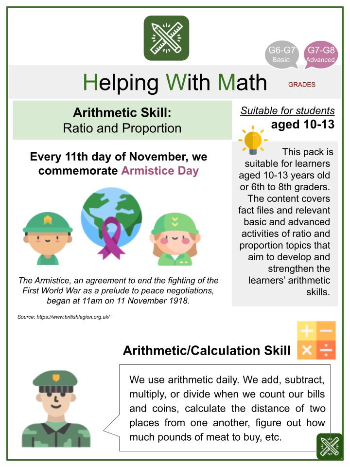 Ratio and Proportion (Armistice Day Themed) Math Worksheets