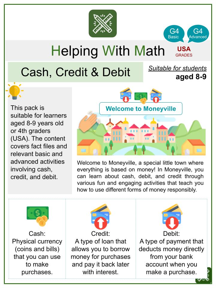 Cash, Credit, and Debit (Moneyville Themed) Math Worksheets