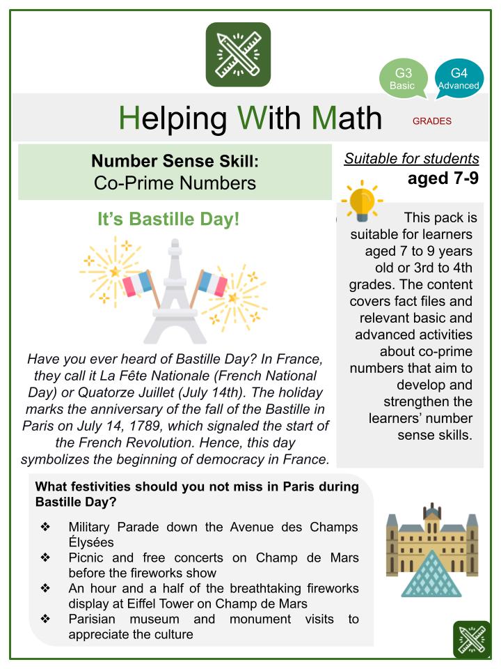 Co-Prime Numbers (Bastille Day Themed) Math Worksheets