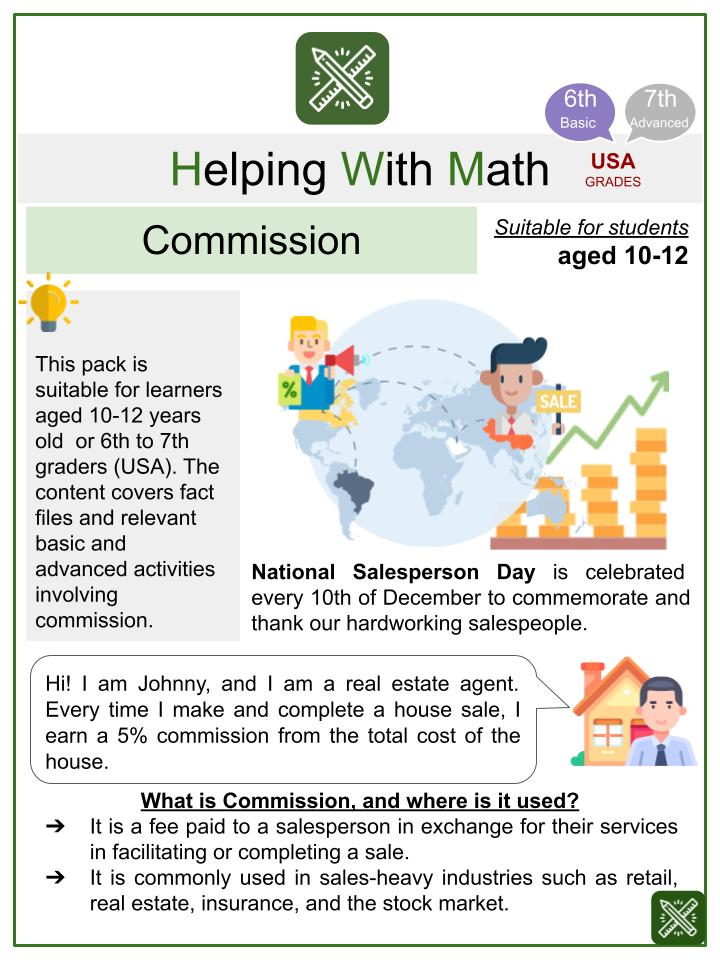 Commission (National Salesperson Day Themed) Math Worksheets