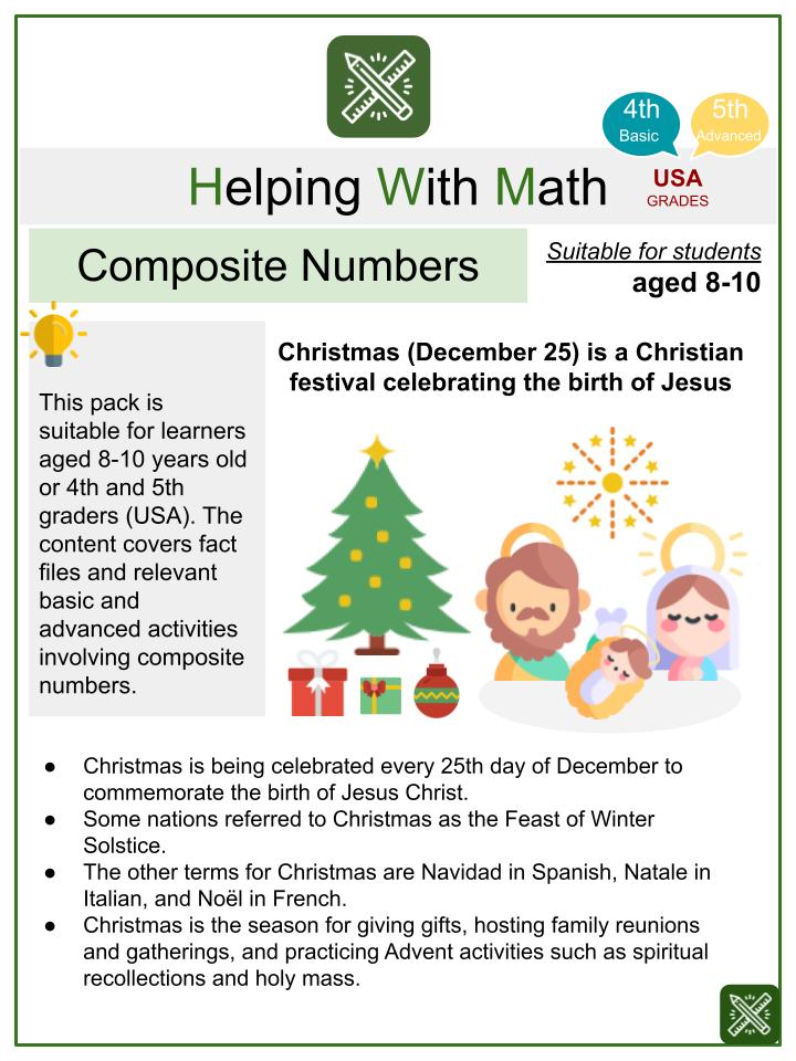 Composite Numbers (Christmas Day Themed) Math Worksheets