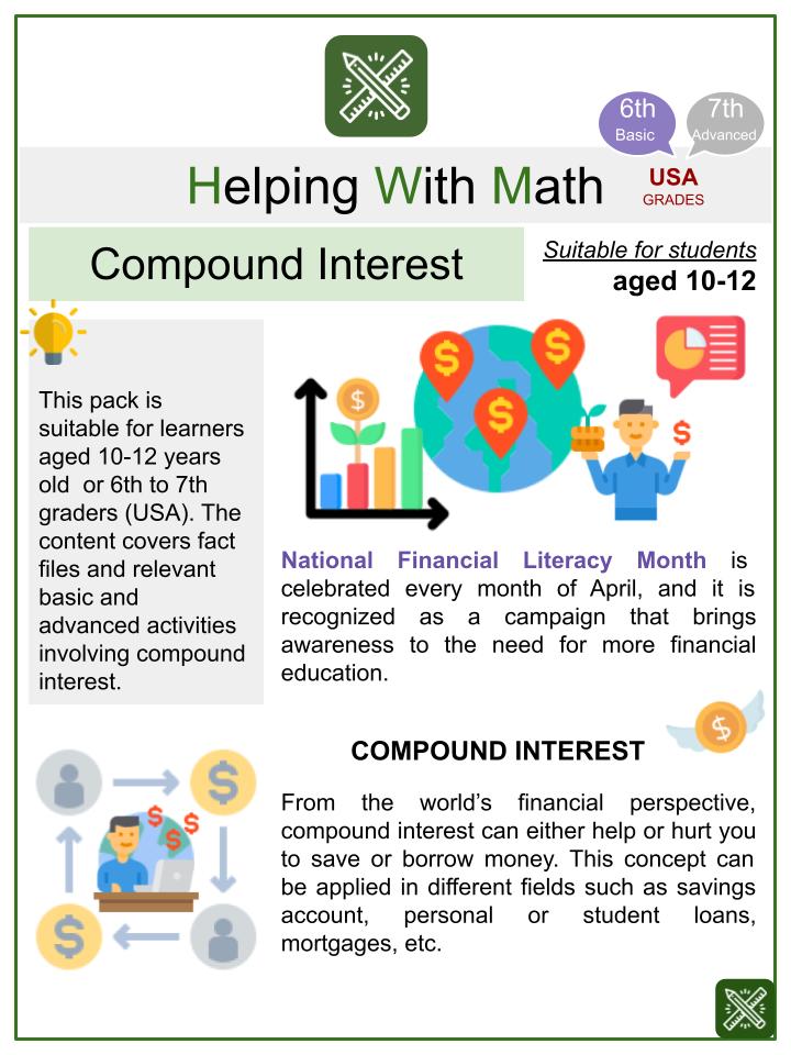 Compound Interest ( National Financial Literacy Month Themed) Math Worksheets