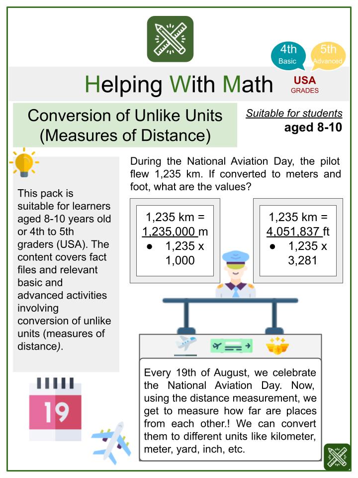 Conversion of Unlike Units (Measures of Distance) (National Aviation Day Themed) Math Worksheets