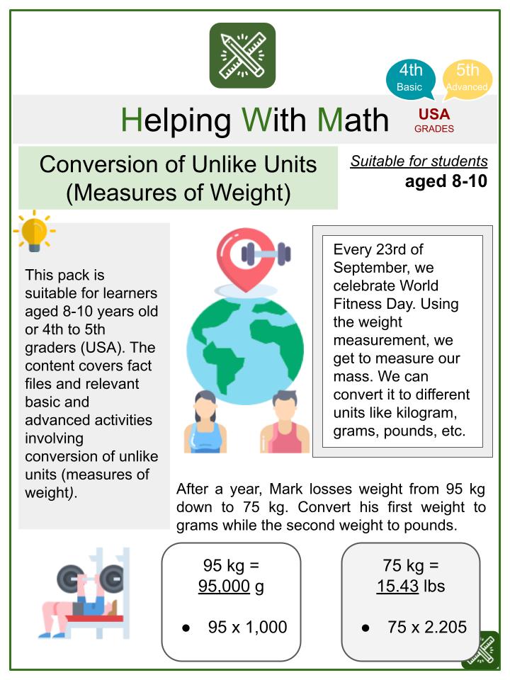Conversion of Unlike Units (Measures of Weight) (World Fitness Day Themed) Math Worksheets