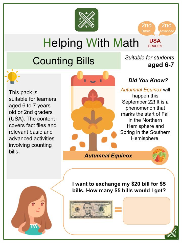 Counting Bills (Autumnal Equinox Themed) Math Worksheets