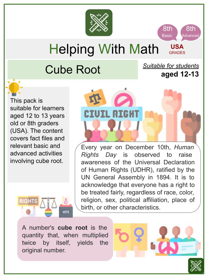 Cube Root (Human Rights Day Themed) Math Worksheets
