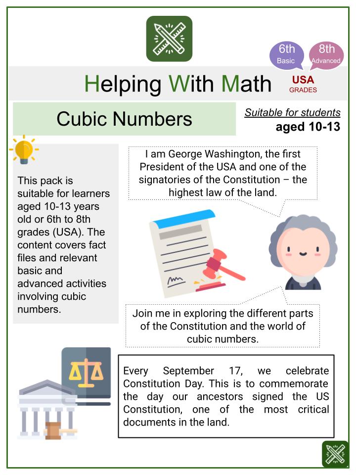 Cubic Numbers (Constitution Day Themed) Math Worksheets
