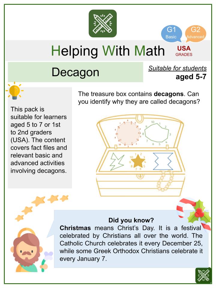 Decagon (Christmas Themed) Math Worksheets