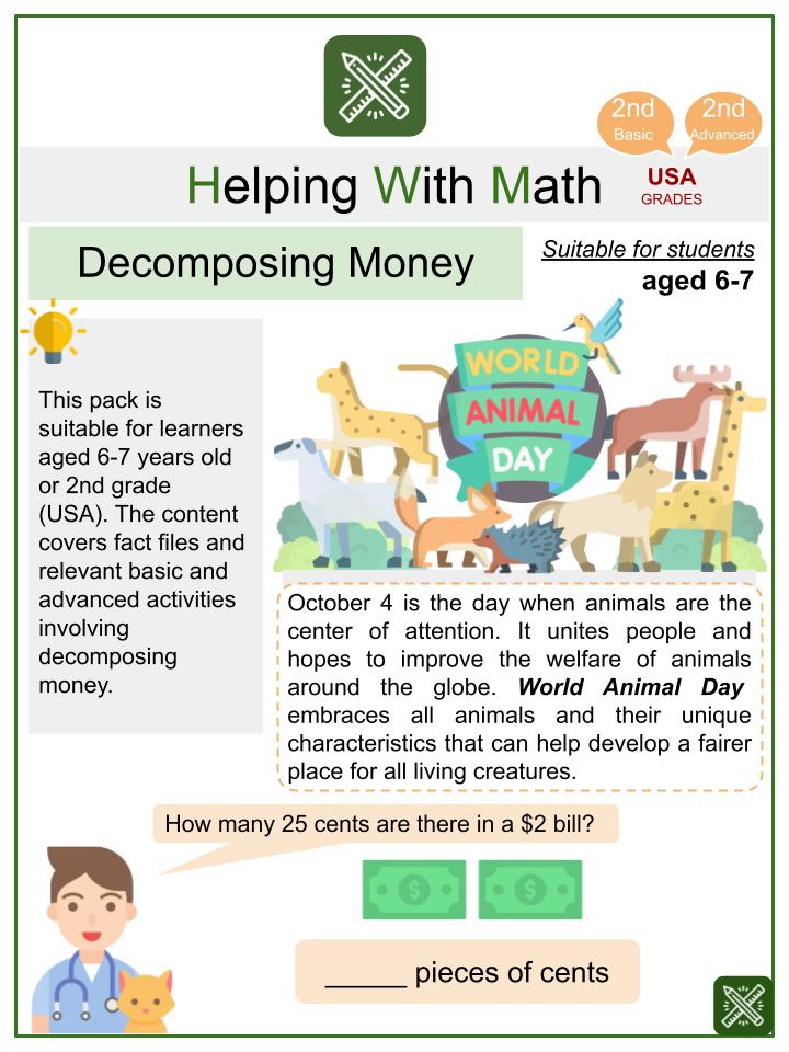 Decomposing Money (World Animals Day Themed) Math Worksheets