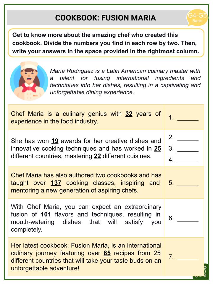 Dividing By 2 and 4 (Cookbook Themed) Worksheets