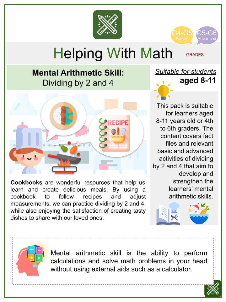 Dividing By 2 and 4 (Cookbook Themed) Math Worksheets
