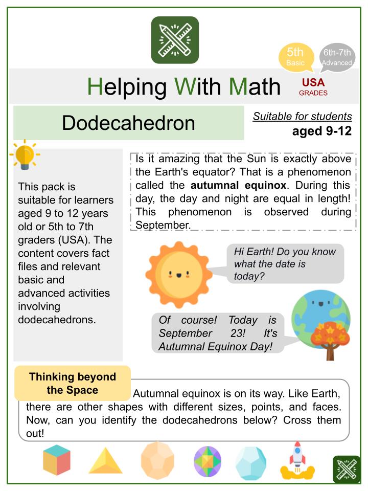Dodecahedron (Autumnal Equinox Day Themed) Math Worksheets