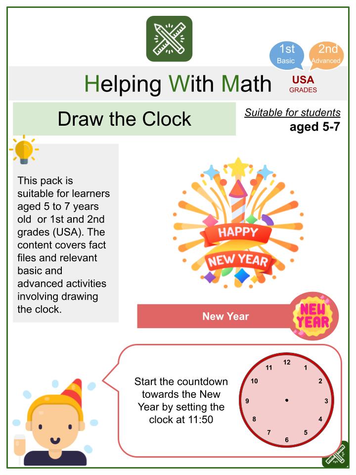 Draw the Clock (New Year's Eve Themed) Math Worksheets