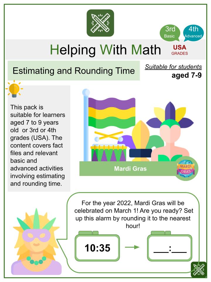 Estimating and Rounding Time (Mardi Gras Themed) Math Worksheets