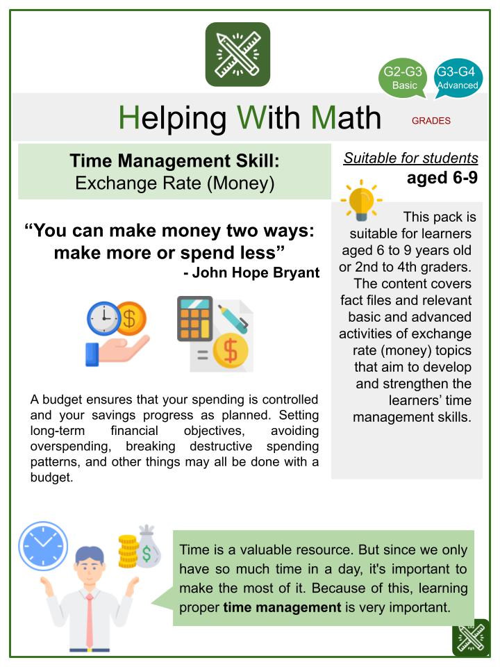 Exchange Rate (Money) (Saving and Budgeting Themed) Math Worksheets