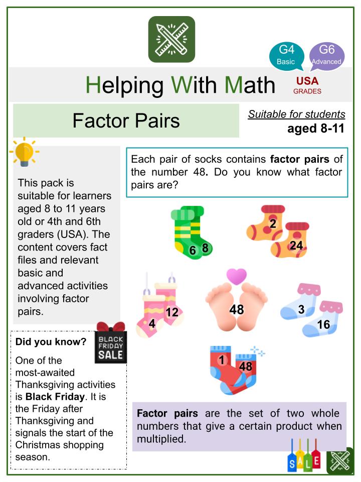 Factor Pairs (Thanksgiving Day Themed) Math Worksheets