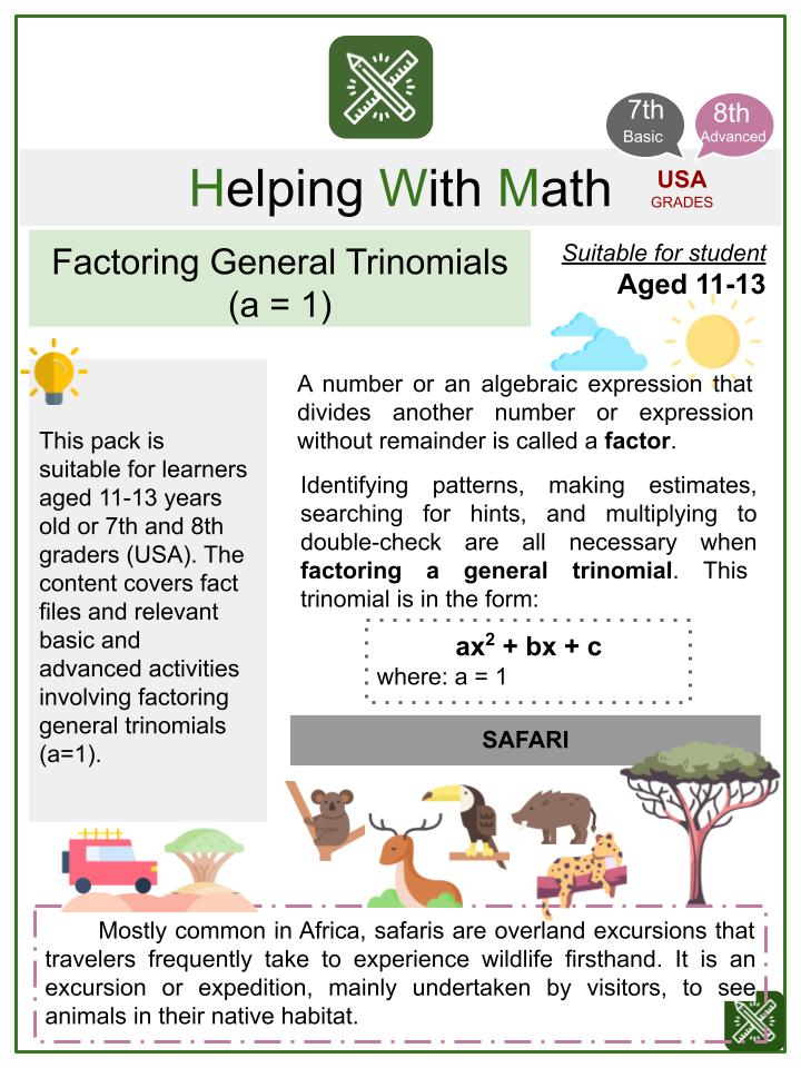 Factoring General Trinomials (a=1) (Safari Themed) Worksheets