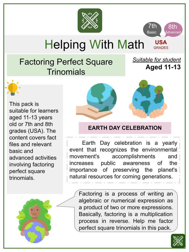 Factoring Perfect Square Trinomials (Earth Day Themed) Math Worksheets