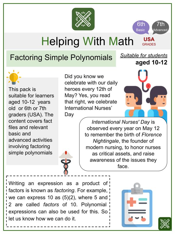 Factoring Simple Polynomials (International Nurses' Day Themed) Worksheets