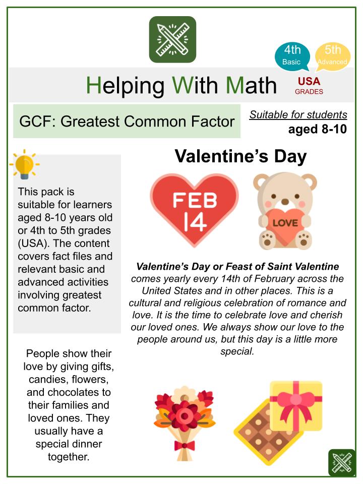 GCF: Greatest Common Factor (Valentine's Day Themed) Math Worksheets