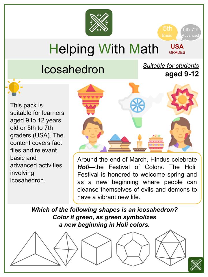 Icosahedron (Holi Themed) Math Worksheets