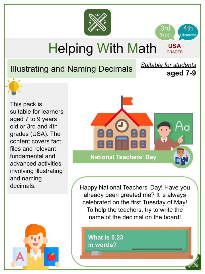 Illustrating and Naming Decimals (National Teacher's Day Themed) Math Worksheets