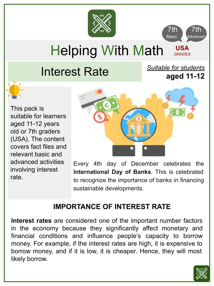 Interest Rate (International Day of Banks Themed) Worksheets