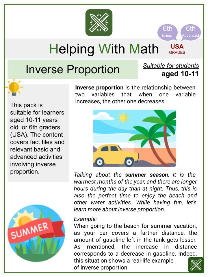 Inverse Proportion (Summer Themed) Math Worksheets