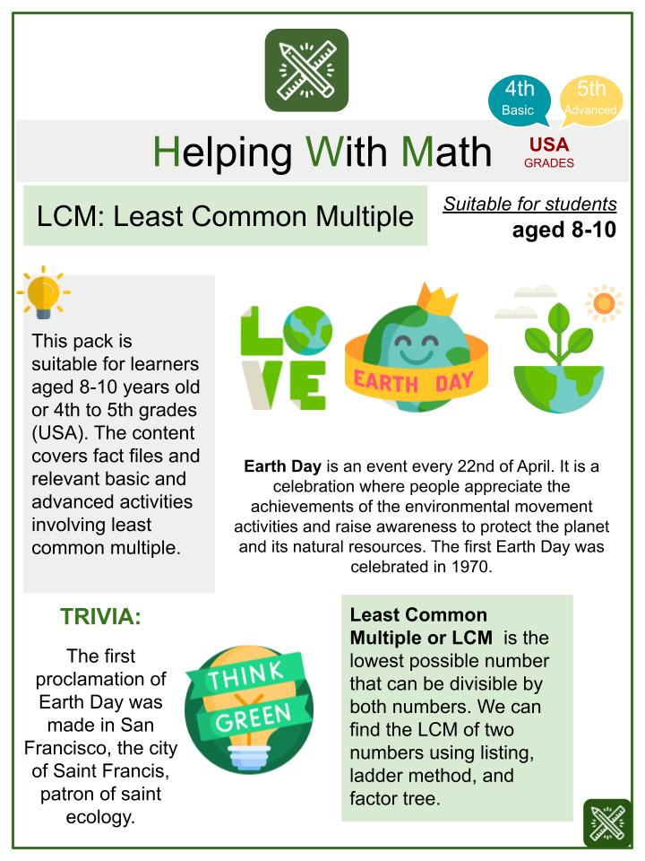 Least Common Multiple (Earth Day Themed) Math Worksheets