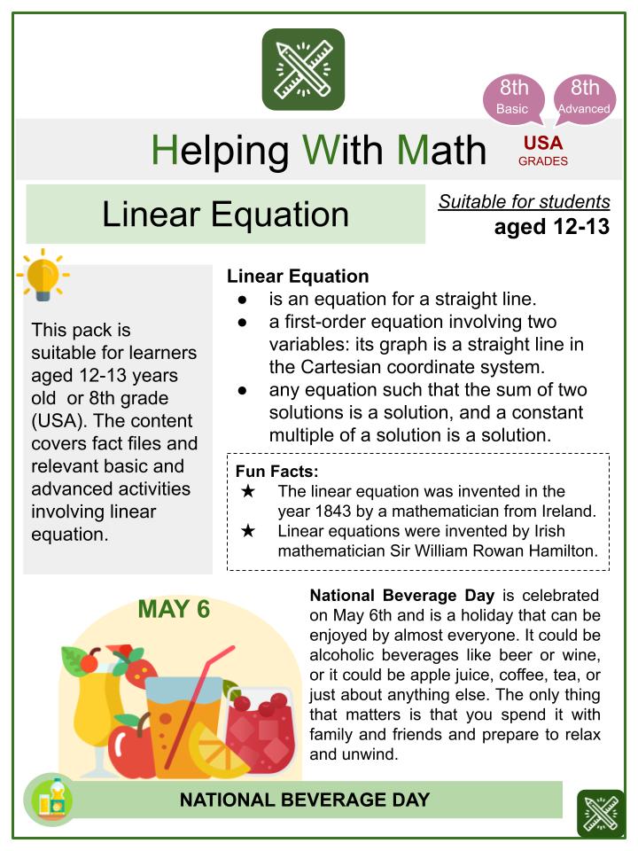 Linear Equation (National Beverage Day Themed) Math Worksheets