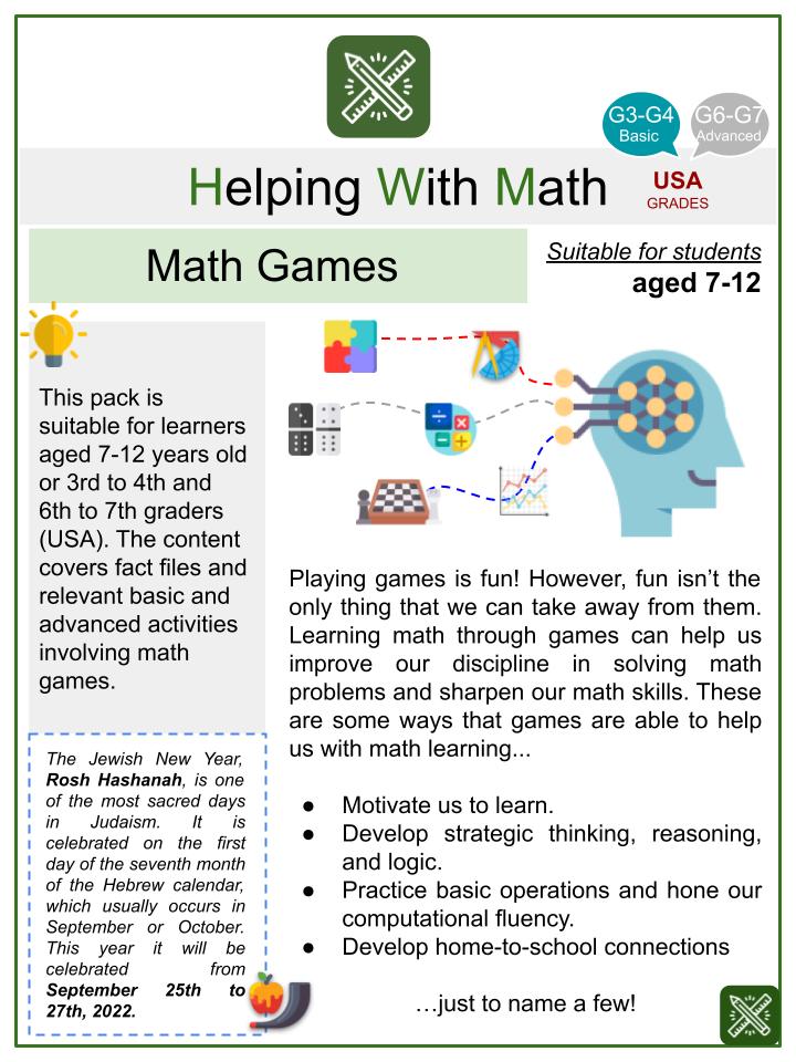 Math Games (Rosh Hashanah Themed) Math Worksheets