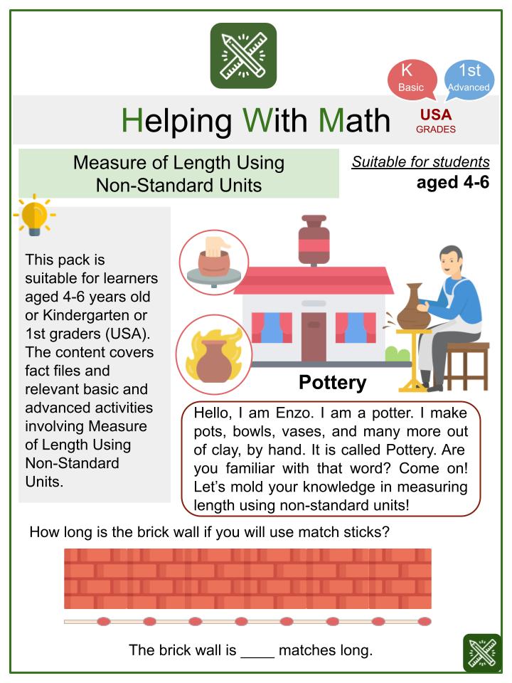 Measure of Length Using Non-Standard Units (Pottery Theme) Math Worksheets