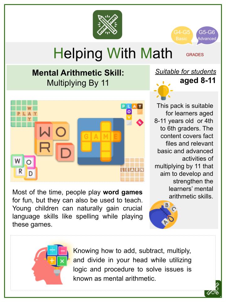 Multiplying By 11 (Word Games Themed) Math Worksheets