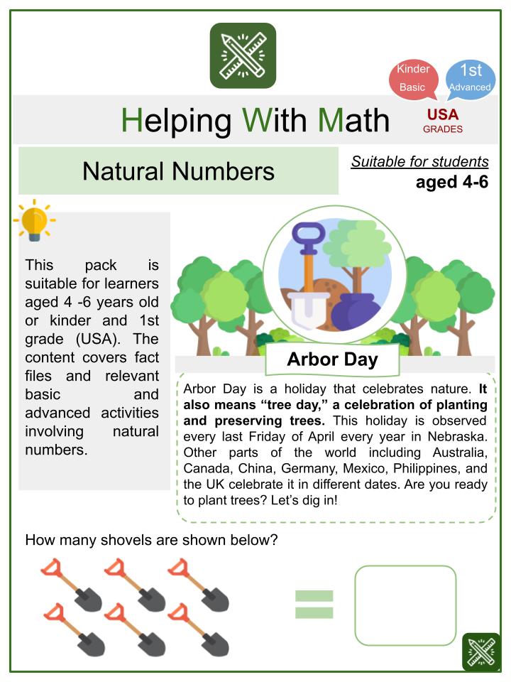 Natural Numbers (Arbor Day Themed) Math Worksheets