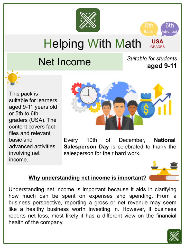 Net Income (National Salesperson Day Themed) Math Worksheets