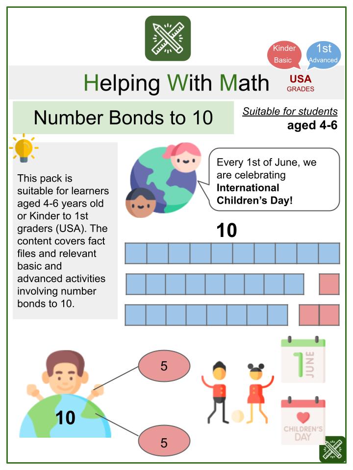 Number Bonds to 10 (International Children's Day Themed) Math Worksheets