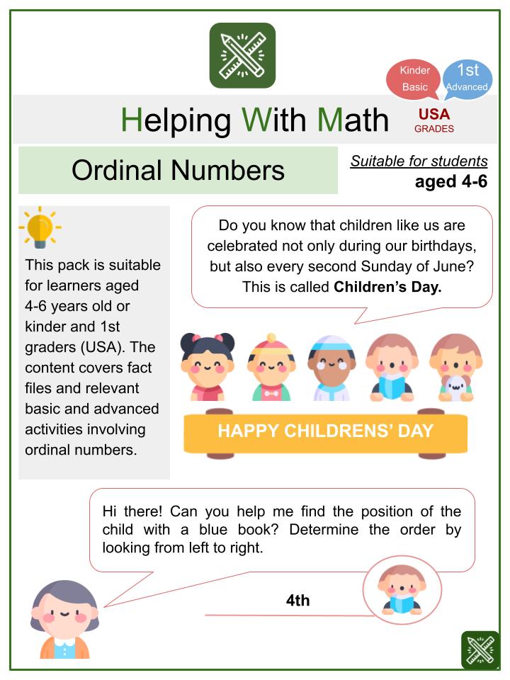 Ordinal Numbers (Children's Day Themed) Math Worksheets