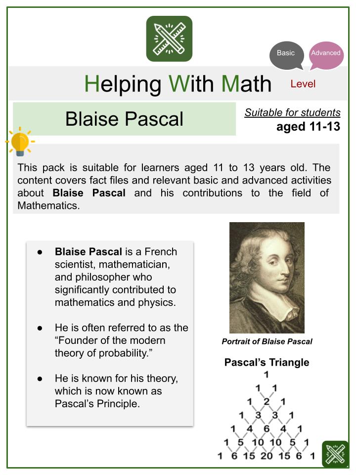 Blaise Pascal (French Architecture Themed) Math Worksheets