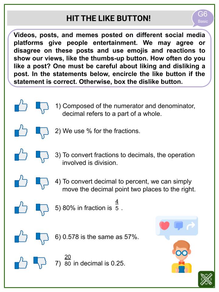 Percent, Decimal, and Fraction (Social Media Themed) Worksheets