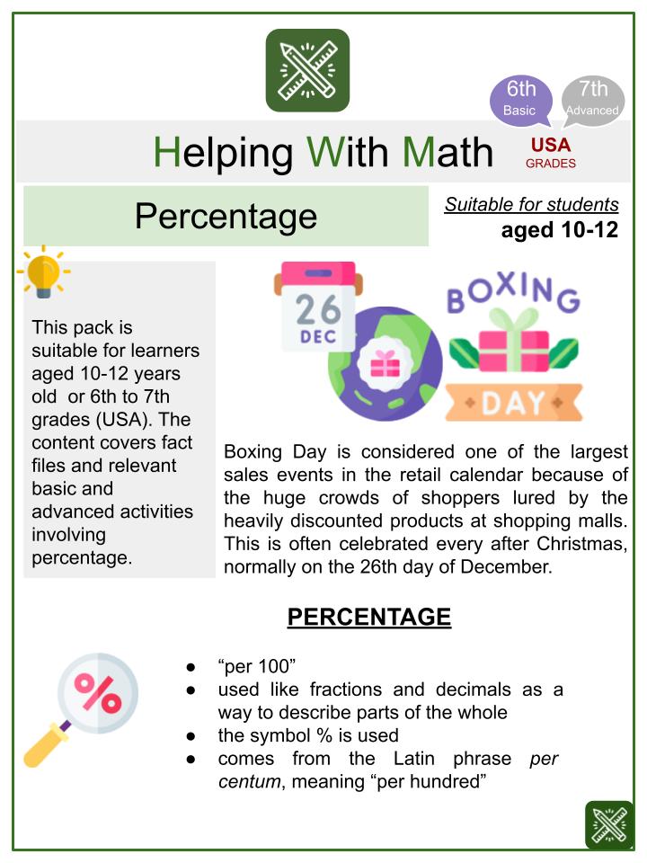 Percentage (Boxing Day Themed) Math Worksheets